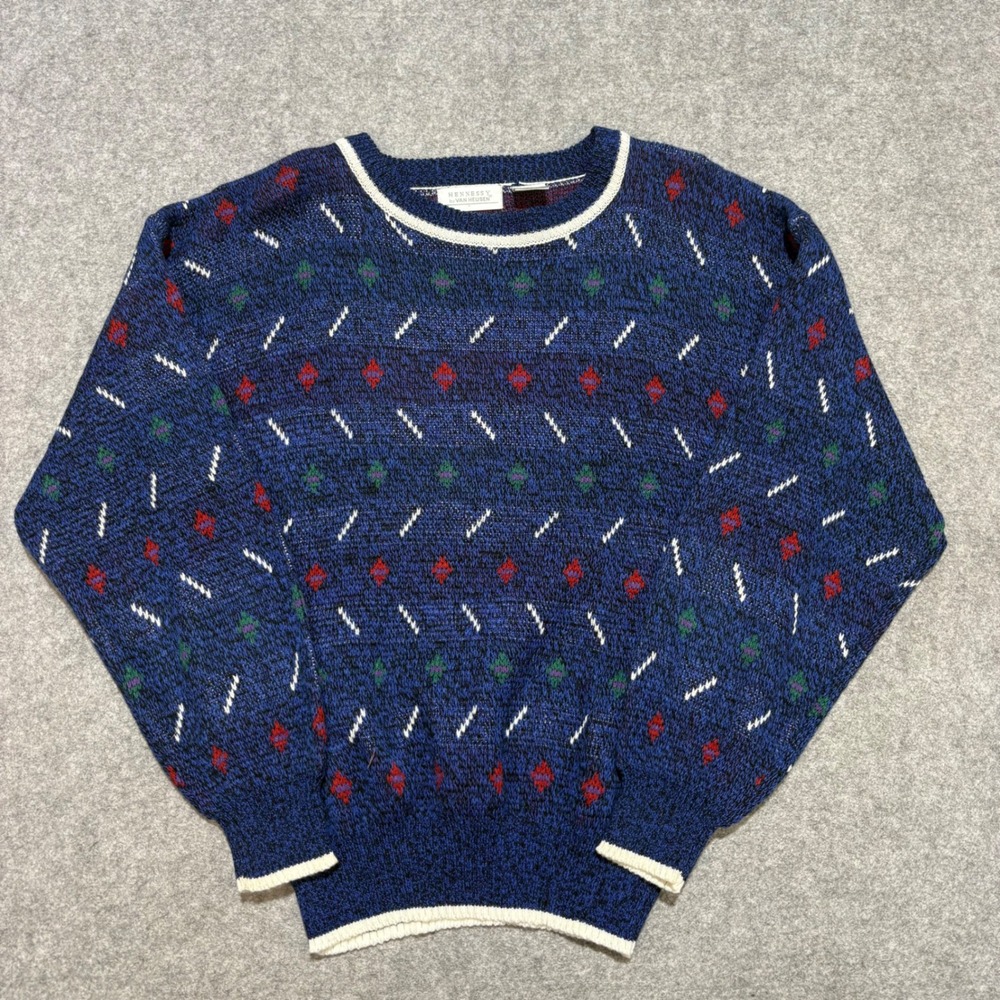 Vintage Hennessy by Van Heusen Blue Geometric Knit Crewneck Sweater Mens Large